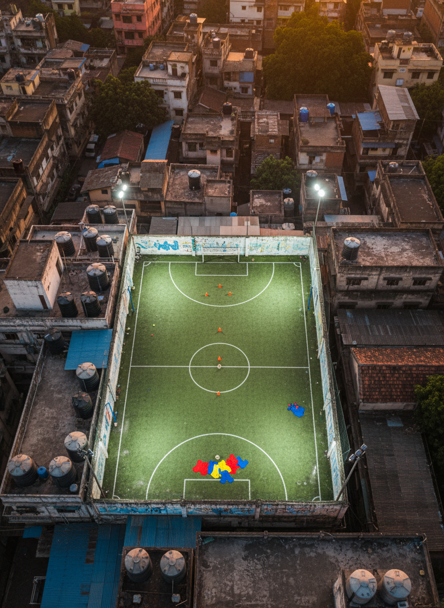 An overhead, bird’s-eye view of a small neighborhood rooftop football pitch in Kolkata, outlined by bright white chalk lines on faded green turf. Low brick walls ring the pitch, their surfaces covered in peeling paint and faint, abstract patterns that hint at old football graffiti without using text. On the field, scattered cones, a solitary ball, and a tangle of colored bibs suggest an intense practice session paused mid-drill. The city’s dense rooftops and water tanks form a textured urban backdrop beyond the edges. Early evening floodlights cast sharp pools of cool white light across the pitch, contrasting with the warm, fading sunset glow on nearby buildings. The photographic realism and bold top-down composition create a dynamic, urban grassroots atmosphere.